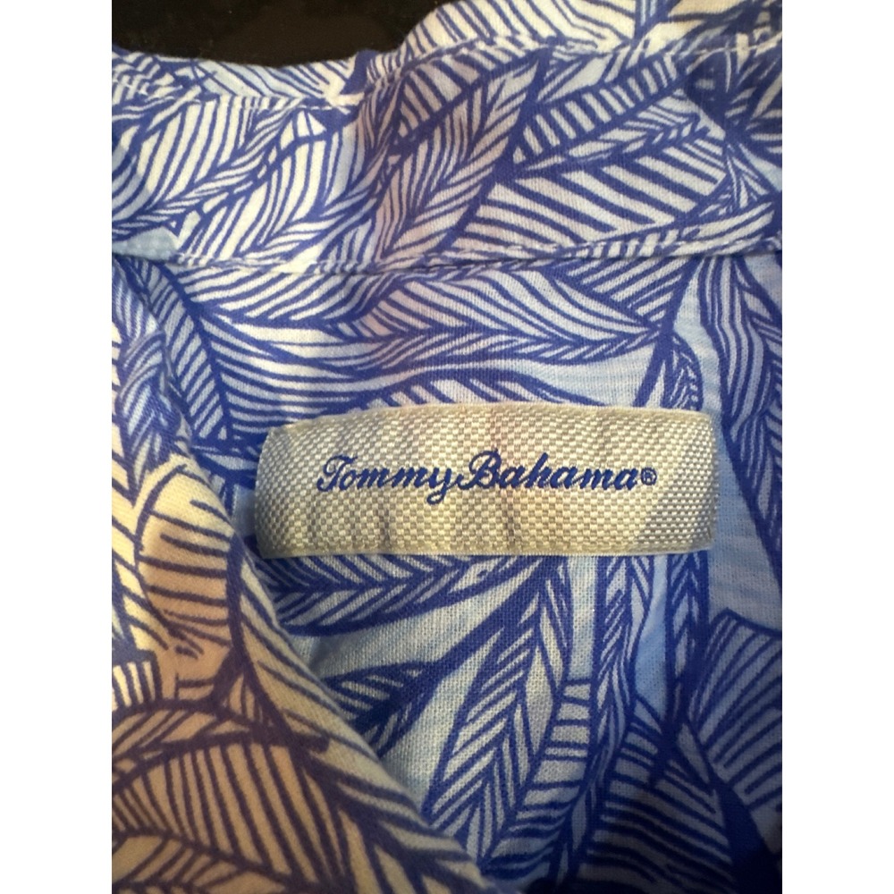Tommy Bahama Mens XXL Blue White Tropical Palm Leaf Print Short Sleeve Button Up
